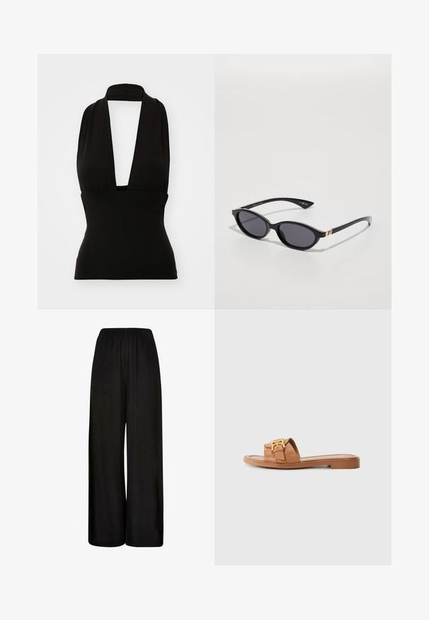 Top sin mangas negro hecho de una tela elástica. Presenta un escote en V profundo y un ajuste favorecedor. Textura suave, sin patrones visibles ni herrajes.; Pantalones de pierna ancha negros, confeccionados en una tela suave. Cuentan con una cintura elástica y un corte holgado y fluido para mayor comodidad y libertad de movimiento.; Sandal de cuero marrón con tira ancha, detalles en dorado, suela plana y diseño minimalista. Apta para uso casual.; Gafas de sol negras con lentes ovalados, tinte oscuro degradado y varillas delgadas que presentan sutiles acentos dorados. Acabado de plástico suave.; Bolsa de lona que presenta un oso de dibujos animados con una bufanda verde y un blazer, con correas de hombro de cuero marrón. Fondo blanco, diseño impreso.
