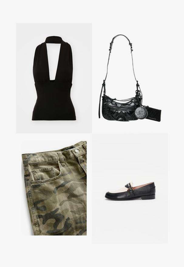 Must have õlgadeta top, mis on valmistatud venivast kangast. Sisaldab sügavat V-dekoltee't ja imelist sobivust. Sile tekstuur, ilma nähtavate mustrite või riistade.; Next Lühikesed teksad - camo print; Mustad ja beeži nahast loafid ümmarguse ninaga, millel on külgrihmaga kuldse tooniga klamber ja madal, tasane konts.; Must mustnahk tasku, millel on kaarjas disain, tõmblukuga esi-tasku ja dekoratiivne riistvara koos eemaldatava ümmarguse mündikotiga.; Kuldne kaelakee, millel on peen kett ja kaunis ripats, millel on keeruline detaljitus ja tekstuurne pind, esitades ainulaadset disaini.