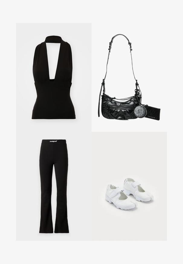 Zwarte haltertop gemaakt van rekbare stof. Beschikt over een diepe V-hals en een flatterende pasvorm. Gladde textuur, geen zichtbare patronen of hardware.; Zwarte flared legging met een soepele textuur en een elastische tailleband met een wit logo. Ontworpen voor comfort en flexibiliteit.; Witte sportieve schoenen met een gestructureerde bovenkant, verstelbare klittenbandsluiting, ronde neus en een stevige zool met een opvallend profiel.; Zwarte synthetische leren handtas met een gebogen ontwerp, een ritsvak aan de voorkant en decoratieve hardware, inclusief een afneembare ronde muntenpouch.; Gouden halsketting met een fijne ketting en een sierlijk hangertje met ingewikkelde details en een gestructureerd oppervlak, dat een uniek ontwerp toont.