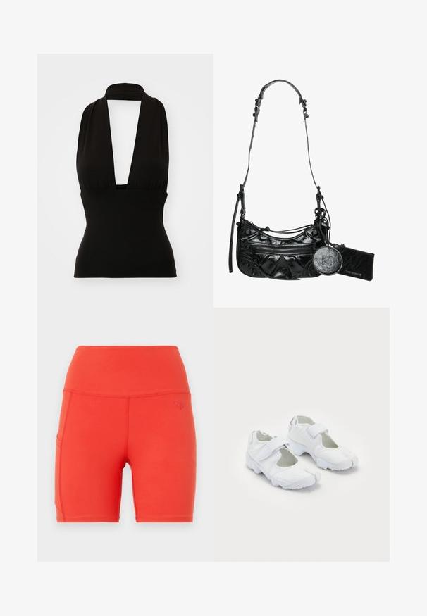 Black halter top made from stretchy fabric. Features a deep V-neck and flattering fit. Smooth texture, no visible patterns or hardware.; Red athletic shorts with a high waistband, made from smooth, stretchy material. Features a side pocket and a small embossed logo.; White athletic shoes featuring a textured upper, adjustable Velcro strap, rounded toe, and a chunky sole with distinct tread pattern.; Black synthetic leather handbag featuring a curved design, zippered front pocket, and decorative hardware with a detachable round coin pouch.; Gold necklace featuring a fine chain and an ornate pendant with intricate detailing and a textured surface, showcasing a unique design.