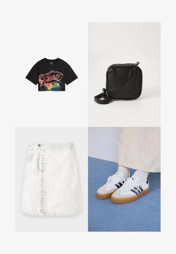 Vans AFITERBURN RELAXED CROP - Printtipaita - black; Denimhame vaaleanharmaana. A-linjainen malli, jossa on etutaskut, näkyvä sauma keskellä ja yksi metallinen nappi vyötäröllä.; Valkoiset tennis kengät, joissa on mustia raitoja ja vaaleanruskeita mokka-yksityiskohtia. Varustettuna textuurilla varustetulla kumipohjalla ja tasaisilla valkoisilla kengännauhoilla, käytetään vaaleiden sukkien kanssa.; Mustikka neliö muotoinen olkalaukku, joka on valmistettu teksturoidusta synteettisestä materiaalista. Varustettu kohotetulla logolla ja säädettävällä hihnalla. Vetoketjukiinnitys.