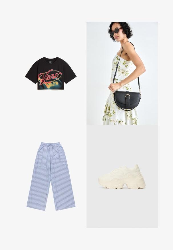 Vans AFITERBURN RELAXED CROP - T-shirt print - black; Blauwe gestreepte wijde broek met rode verticale strepen, gemaakt van lichtgewicht stof, met een elastische tailleband met trekkoord en zijzakken.; Chunky witte sneakers gemaakt van geperforeerd mesh en synthetische materialen, met een dikke zool en ingewikkelde patroon details aan de zijkanten.; Zwarte leren handtas met een gebogen vorm, afneembare schouderband en gouden hardware. De tas heeft een klep met een gespsluiting.