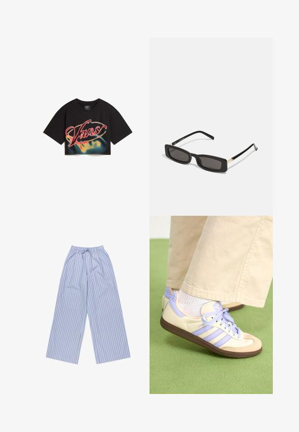 Vans AFITERBURN RELAXED CROP - Print T-shirt - black; Blue striped wide-leg pants with red vertical stripes, made from lightweight fabric, featuring an elastic waistband with drawstring and side pockets.; Cream and lavender sneakers with three stripes and a textured brown sole, featuring laces and a padded heel. Soft fabric upper.; Black rectangular sunglasses with dark lenses, glossy plastic frames, and gold accents on the temples. Minimalist design and sleek shape.