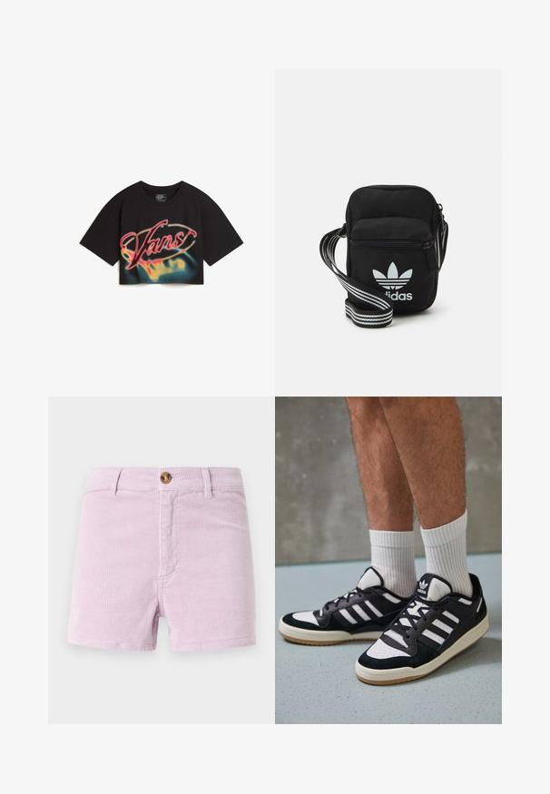 Vans AFITERBURN RELAXED CROP - T-shirt print - black; Lichtlila corduroy shorts met een knoopsluiting, voorzien van een gestructureerd ribbelontwerp en voorzakken, kort boven de bovenbenen gesneden.; Zwart-witte sneakers met een bovenwerk van suede en leer, voorzien van drie witte strepen, een geperforeerde neus en een rubberen gumzool.; Zwarte stoffen schoudertas met een ritssluiting, voorzien van een wit Adidas-logo en een gestreepte, verstelbare schouderband voor gemakkelijk dragen.