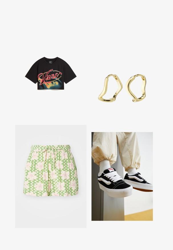 Vans AFITERBURN RELAXED CROP - Camiseta estampada - black; Pantalones cortos verdes con patrón ondulado blanco y acentos florales rosas. Cuenta con una cintura elástica y un lazo ajustable. Fabricados con tela ligera.; Zapatillas de ante en blanco y negro con cordones blancos planos, suelas de goma texturizada y diseño de rayas laterales. Llevadas con pantalones ajustados de color crema.; Pendientes de aro dorados con un diseño fluido y ondulado. Textura suave, forma abierta y sin sujetadores visibles. Apariencia minimalista y moderna.