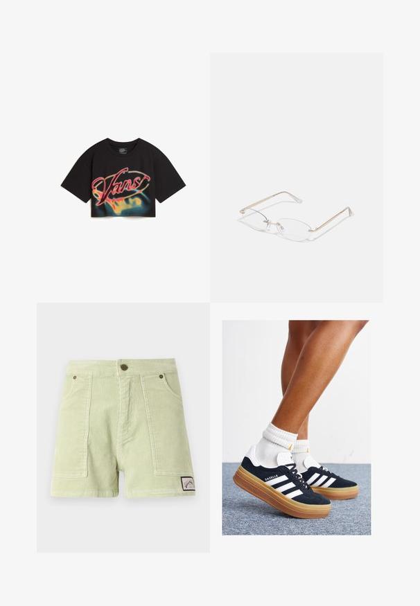 Vans AFITERBURN RELAXED CROP - Print T-shirt - black; Corduroy shorts in light green, featuring a ribbed texture, two front pockets, a back patch label, and metal button hardware.; Black suede sneakers with white stripes and accents, rounded toe, gum rubber outsole, paired with white ribbed crew socks.; Gold metal eyeglasses with oval lenses, slim arms, and clear nose pads. Features subtle hinge accents and transparent lenses.