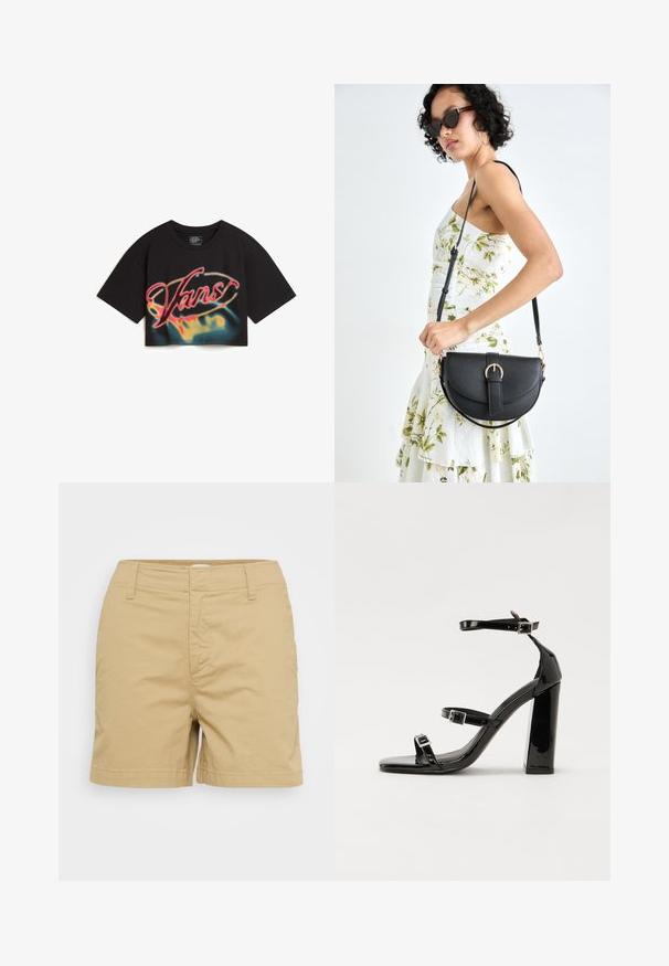 Vans AFITERBURN RELAXED CROP - Triko s potiskem - black; Béžové bavlněné kraťasy s upraveným střihem, vybavené předními kapsami a poutky na opasek, hladkou strukturou a rovně střiženým lemem.; Černé lakované sandály na podpatku se čtveratou špičkou, lýtkovými pásky a stříbrnými přezkami. Disponují masivním blokovým podpatkem pro stabilitu.; Černá kožená kabelka s křivkovým tvarem, odnímatelným popruhem a zlatými detaily. Kabelka má klopu s přezkou.