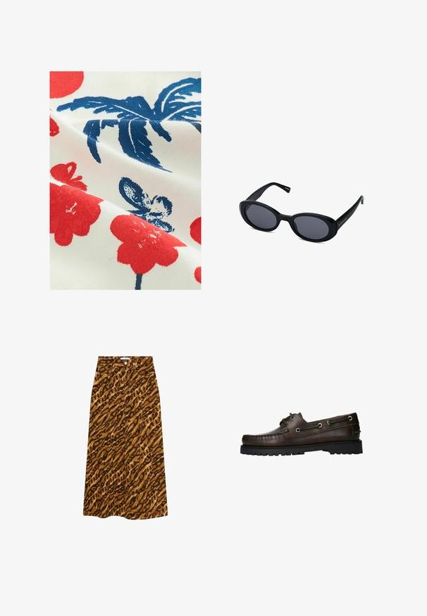 Baumwollstoff mit weißem Hintergrund, der rote Blumenmuster und blaue Blattdesigns zeigt, mit einer strukturierten, bedruckten Oberfläche.; Leopardmuster Midirock in Brauntönen und Beige, mit Knopfverschluss, Gürtelschlaufen und vier Taschen, in geradem Schnitt.; Braunes Leder-Bootsschuh mit Mokassin-artiger Naht, Metallösen und einer strukturierten schwarzen Gummisohle.; Schwarze ovale Sonnenbrillen mit dunklen Gläsern, dickem Kunststoffrahmen, leicht gebogenem Design und goldfarbenem Logodetail an den Bügeln.; Marinefarbene Leinenschultertasche mit weicher, strukturierter Form, ausgestattet mit einem schwarzen Riemen, genähten Details und einem kleinen Markenschild.