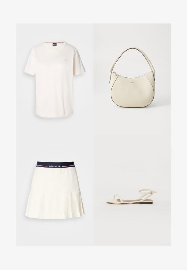 Camiseta de algodón blanca con mangas cortas, cuello redondo y un pequeño logo en el pecho. Textura suave y dobladillo recto.; Falda blanca plisada con una cinturilla azul marino que presenta un logo de Lacoste y acentos rojos. Fabricada con un material suave y liso.; Sandalias planas de cuero crema con tiras cruzadas delgadas, correa para el tobillo con hebilla, diseño minimalista y suela negra en contraste.; Bolso color crema con acabado texturizado, forma curvada, asa corta y detalle del logotipo en tono dorado. Cierre con cremallera en la parte superior.; Tres anillos de metal: uno de oro rosado, uno de oro con acentos texturizados y uno de plata, todos con marcas grabadas en la parte interior.