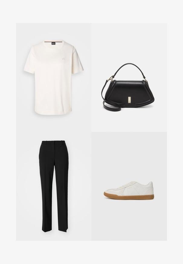 White cotton t-shirt with short sleeves, round neckline, and a small logo on the chest. Smooth texture and straight hemline.; Black tailored trousers with a straight-leg design, featuring a smooth texture and crisp creases along the front. No visible hardware.; White sneaker with a textured leather upper and a rubber gum sole. Features include a lace-up design and subtle brand detailing on the side.; Black leather handbag with a structured design, featuring a cropped shape, top handle, and gold hardware accent. Adjustable shoulder strap included.