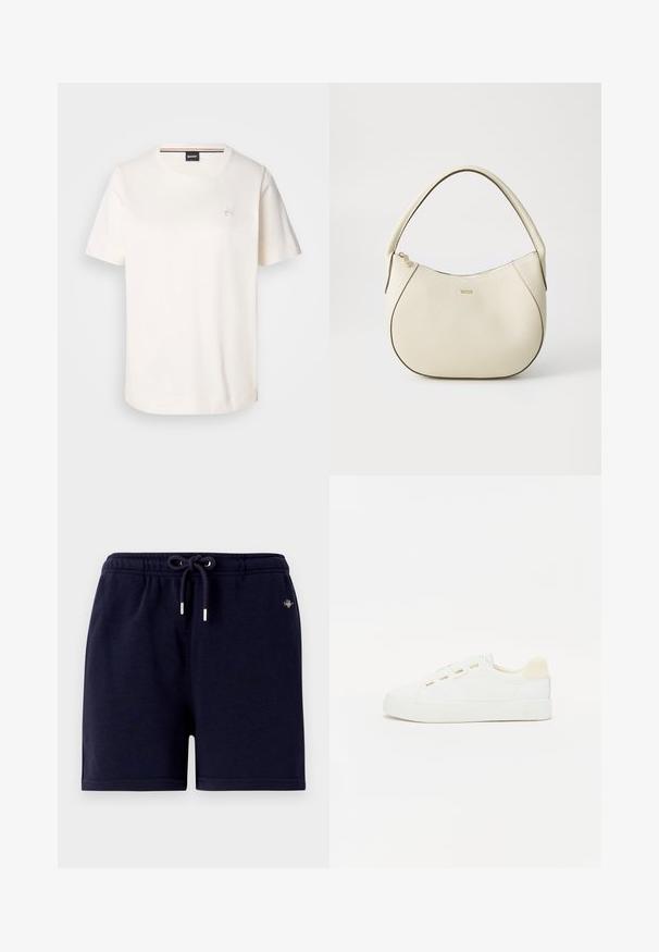 Fehér pamut póló rövid ujjakkal, kerek nyakkivágással és egy kis logóval a mellkason. Simaszerű textúra és egyenes szegély.; Sötétkék pamut sort, elasztikus derekkal, húzózsinórral és ezüstszínű fém részletekkel. Egyszerű dizájn, nem látható mintákkal.; Fehér vászon felsőrésszel ellátott sneakers, kerek orral és lapos gumitalppal. Arany szemekkel és világos bézs sarokdíszítéssel rendelkezik.; Krém színű kézi táska texturált felülettel, ívelt formával, rövid fogantyúval és arany színű logó részlettel. Cipzáros záródás a tetején.