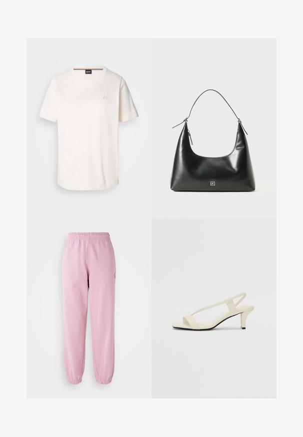 White cotton t-shirt with short sleeves, round neckline, and a small logo on the chest. Smooth texture and straight hemline.; Pink sweatpants with an elastic waistband and gathered cuffs. Made of soft fabric, features a small logo detail on the front.; Beige block-heeled sandals with thin straps and a square toe. Smooth material with minimal detailing, designed for easy wear.; Black smooth leather shoulder bag with a curved top, single strap, zipper closure, and small silver logo emblem on front center.