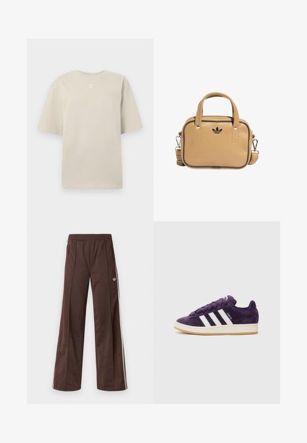 T-shirt bege de manga curta feita de algodão, com gola redonda e pequeno logótipo branco da Adidas impresso no peito. Textura suave, corte descontraído.; Calças desportivas castanhas com design de perna larga, riscas laterais brancas, cintura elástica e dois bolsos laterais. Apresentam um pequeno logótipo na perna.; Ténis de camurça roxa com riscas e atacadores brancos, apresentando um upper texturizado e uma sola de borracha de cor clara.; Bolsa de couro vegan bege com duas alças, alça de ombro destacável, costura de destaque preta e um pequeno logótipo preto na parte frontal.