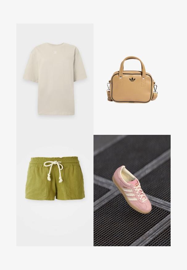 Beige rövid ujjú pamut póló, kerek nyakkivágással és a mellrészen kis fehér Adidas logóval. Puha tapintású, laza szabású.; Zöld vászon keverék rövidnadrág, rugalmas derékkal, zsinórral és két elülső zsebbel. Rövid, laza fazon, texturált anyagból.; Rózsaszín zamak sneaker fehér háromsávos dizájnnal, bézs kiegészítőkkel és gumi talppal. Jellemzője a fűző és a branding az oldalon.; Brún vegán bőr táska két fogantyúval, levehető vállpánttal, fekete díszvarrással és egy kis fekete logóval az elején.