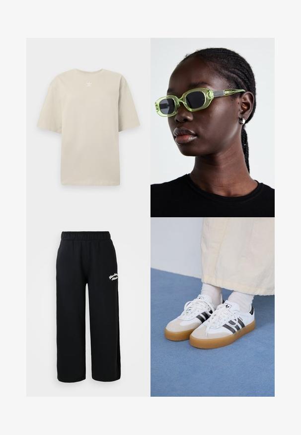T-shirt bege de manga curta feita de algodão, com gola redonda e pequeno logótipo branco da Adidas impresso no peito. Textura suave, corte descontraído.; Calças de sweat preto, feitas de algodão suave, com um cós elástico e um corte cropped. Pequeno texto em branco bordado na lateral.; Ténis brancos com riscas pretas e detalhes em camurça bege. Apresentam uma sola de borracha texturizada e atacadores brancos lisos, usados com meias de tom claro.; Óculos de sol com tonalidade verde, com uma armação retangular fina e lentes escuras; hastes texturizadas em cinza com branding. Pele lisa e uma camisa preta.