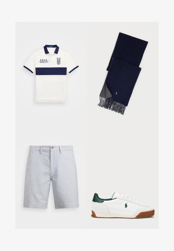 Baltas polo marškinėliai su tamsiai mėlyna horizontalia juostele, siuvinėtu logotipu ir tekstiniu detalizavimu kairėje pusėje; klasikinis apykaklė ir trumpomis rankovėmis.; Juostuoti šortai šviesiai mėlynos ir baltos spalvos. Pagaminti iš medvilnės, turi užsegimą mygtuku, šonines kišenes ir tiesią apatinę dalį.; Baltos sportbačiai su žaliais odiniais akcentais ir šviesiai ruda guma. Turi audinio kūną ir išsiskiriančią logotipą šone. Su raišteliais.; Tamsiai mėlyna vilnos šalikas su pilku apdailos šaliniu, su pūkuotais galiukais ir mažu išsiuvinėtu logotipu netoli vieno krašto.
