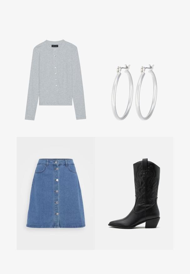 Helehall pikkade varrukatega kardigan ümmarguse kaelusega, mis sisaldab viie nupuga nööpplagitatsiooni ümmarguste läikivate nuppudega ja kitsast disaini.; Helesin A-line seelik helesinis, millel on esine nupulaht, kaks taskut ja toorikutega serv. Klassikaline viie tasku disain.; Must have mustakotkad nahast saapad terava ninaga, ehted keerlevate mustritega ja keskmise kõrgusega kontsaga. Omab tõmberiba lihtsaks selga panemiseks.; Hõbedased rõngaskõrvarõngad, millel on sile, läikiv viimistlus. Ümmargune kuju ja turvaline klõpsulatus. Kerge disain, sobib igapäevaseks kandmiseks.