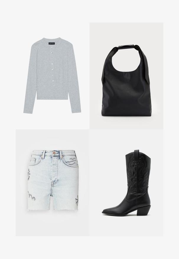 Light gray long-sleeve cardigan with a round neckline, featuring a five-button placket with round, shiny buttons and a fitted design.; Light wash denim shorts feature frayed hem, embroidered floral designs in blue, and traditional five-pocket styling with metal button closure.; Black leather cowboy boot with pointed toe, embossed swirling patterns, and a mid-height heel. Features a pull tab for easy wear.; Black leather hobo bag with a single, soft, rounded handle; features a smooth texture and a minimalist design. No visible hardware or accents.; Silver hoop earrings with a smooth, polished finish. Round shape and secure click-top closure. Lightweight design suitable for everyday wear.