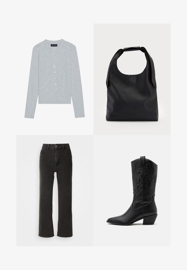 Šviesiai pilkas ilgų rankovių kardiganas su apvalia iškirpte, turintis penkių mygtukų užsegimą su apvaliais, blizgiais mygtukais ir prilipnų dizainą.; Juodi plačios kojų džinsai, pagaminti iš džinsinio audinio, su priekiniais sagčių užsegimais, diržo kilpomis ir penkiomis kišenėmis, turinčiomis šiek tiek išblukusį tekstūrą.; Juodas odinis kaubojiškas botas su smailiu pušku, iškaltomis vingių rašmenimis ir vidutinio aukščio kulnu. Yra kilpa, skirta patogiam užmaunimui.; Juoda odinė hobo tipo rankinė su viena minkšta, apvalia rankena; pasižymi lygiu paviršiumi ir minimalizmu. Nėra matomų detalių ar akcentų.