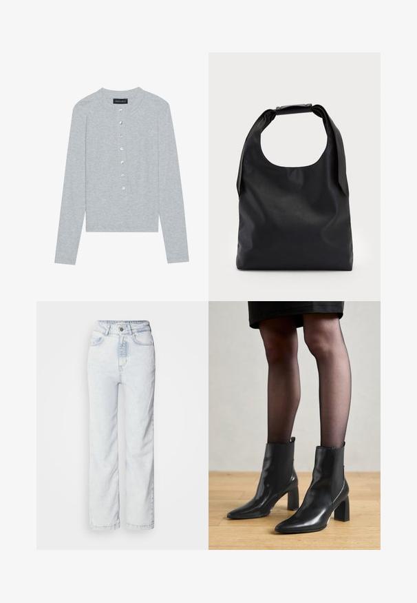 Lichtgrijze lange mouwen cardigan met een ronde halslijn, voorzien van een vijfknopenlijst met ronde, glanzende knopen en een aansluitend ontwerp.; Lichtblauwe high-waisted jeans met een rechte pijp, gemaakt van denim. Heeft een knoopsluiting, een vijf-pocket ontwerp en een subtiele vervaagde textuur.; Zwarte leren enkellaarsjes met een spitse neus, stevige vierkante hak en een fraaie uitstraling. Beschikt over elastische zijpanelen voor gemakkelijke aan- en uittrekken.; Zwarte leren hobo-tas met een enkele, zachte, afgeronde handgreep; heeft een gladde textuur en een minimalistisch ontwerp. Geen zichtbare hardware of accenten.; Gouden creolen met een textuur en onregelmatige vorm. Voorzien van een naadloze sluiting en een gepolijste afwerking, wat het moderne ontwerp benadrukt.