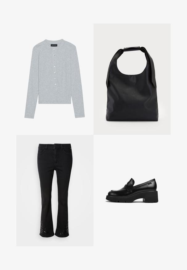 Hellgraue, langärmlige Strickjacke mit Rundhalsausschnitt, die über eine Fünf-Knopf-Leiste mit runden, glänzenden Knöpfen und einem taillierten Schnitt verfügt.; Schwarze Denim-Jeans im Schlagstil mit dekorativen Paillettenmustern am Saum, ausgestattet mit fünf Taschen, Gürtelschlaufen und Knopfverschluss vorne.; Schwarze Leder-Loefer mit klobigem Absatz, dicker Sohle und einem Riemen über der Oberseite, seitlich auf einem weißen Hintergrund gezeigt.; Schwarze Leder-Hobo-Tasche mit einem einzelnen, weichen, abgerundeten Griff; verfügt über eine glatte Textur und ein minimalistisches Design. Keine sichtbaren Beschläge oder Akzente.; Silberne Creolen mit polierter Oberfläche, die kleine goldene Akzentdetails und eine runde Form aufweisen, am Ohrläppchen getragen.