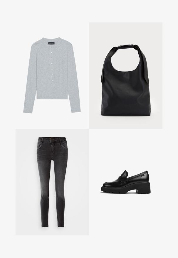 Svijetlosiva lagana kardigan s dugim rukavima i okruglim izrezom, koji sadrži placket s pet dugmadi s okruglim, sjajnim dugmadi i prilagođenim dizajnom.; Crne uske traperice od denima, s prednjim kopčanjem na gumbe, ukrasnim detailsima na džepovima i glatkom teksturom.; Crna kožna loaferica s debelim potplatom i chunky petom, s trakom preko gornjeg dijela, prikazana sa strane na bijeloj pozadini.; Crna kožna hobo torba s jednim mekanim, zaobljenim ručkom; karakterizira je glatka tekstura i minimalistički dizajn. Nema vidljivih hardverskih detalja ili akcenata.