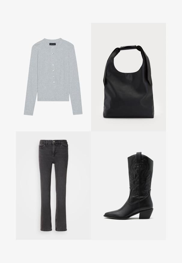 Svijetlosiva lagana kardigan s dugim rukavima i okruglim izrezom, koji sadrži placket s pet dugmadi s okruglim, sjajnim dugmadi i prilagođenim dizajnom.; Crne traperice s ravnim nogavicama, koje imaju prednje džepove, patentni zatvarač i suptilne detalje šivanja. Tkanina ima blagu teksturu.; Crne kožne kaubojke s oštrim vrhom, s ukrašenim spiralnim uzorcima i srednje visokom petom. Imaju kvačicu za lakše oblačenje.; Crna kožna hobo torba s jednim mekanim, zaobljenim ručkom; karakterizira je glatka tekstura i minimalistički dizajn. Nema vidljivih hardverskih detalja ili akcenata.