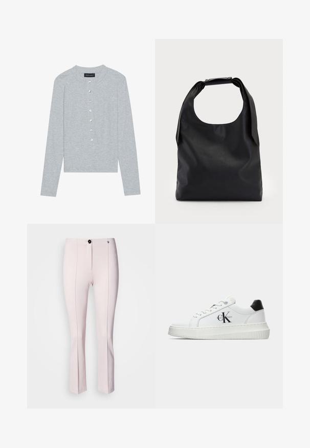 Světle šedý cardigan s dlouhým rukávem a kulatým výstřihem, se zapínáním na pět knoflíků, které jsou kulaté a lesklé, a přiléhavým střihem.; Růžové kalhoty na míru s mírným rozšířením, s předním zapínáním na knoflík, dvěma vertikálními švy a hladkým povrchem.; Bílé nízké tenisky s černým patním tabem, platformovou podrážkou, tkaničkami a logem Calvin Klein "CK" na boku.; Černá kůže hobo taška s jedním měkkým, zaobleným uchopem; má hladkou texturu a minimalistický design. Bez viditelného kovového doplňku nebo akcentů.; Calvin Klein STATEMENT LINKS - Náušnice - silver-coloured
