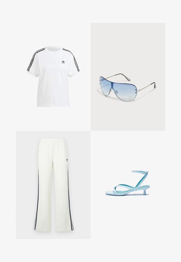 White cotton t-shirt featuring short sleeves, a round neck, and black vertical stripes on the shoulders, with a small black logo on the chest.; Light cream, cable-knit pants with a flared design. Features dark blue side stripes and an Adidas logo on the hip. Elastic waistband.; Light blue strappy sandal with a square toe, low heel, adjustable ankle strap, and smooth, glossy finish. Crossed straps on the footbed.; Aviator sunglasses featuring a gradient blue lens, silver metal frame, and decorative star accents on the lens. Smooth and sleek design.