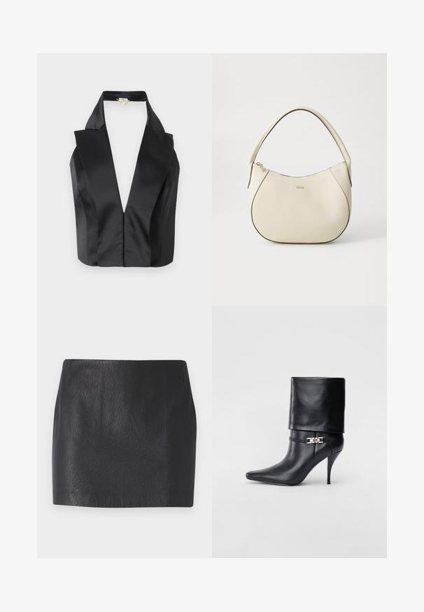Top halter in raso nero con scollatura a V profonda, colletto strutturato e corpetto aderente con schiena alta. Texture liscia e elegante.; La mini gonna nera in faux leather presenta una finitura testurizzata, una linea dritta e nessun hardware o ornamento visibile.; Stivale ankle in pelle nera con punta affusolata, alto tacco a stiletto, risvolto sulla caviglia e un elegante dettaglio in oro con fibbia decorativa.; Borsa color crema con una finitura testurizzata, forma curva, manico corto e dettaglio del logo in tonalità oro. Chiusura con zip nella parte superiore.