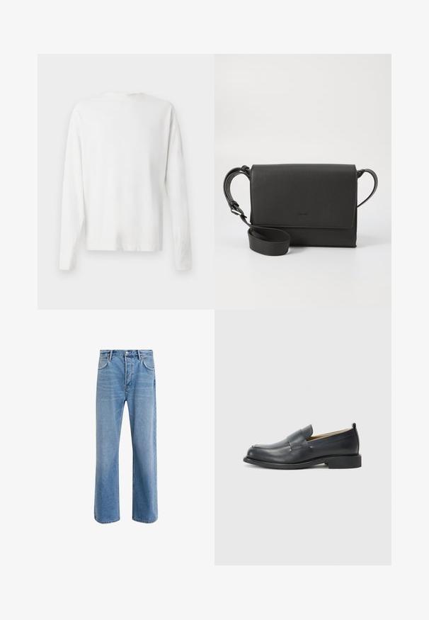 Long-sleeved white cotton shirt with a round neckline, side slits at the bottom, and a smooth texture, displayed from the back.; Light blue denim jeans with a straight-leg design, five pockets, button closure, minimal fading, and contrasting stitching details.; Black leather loafers featuring a smooth finish, a flat sole, and a rounded toe with a decorative strap across the upper.; Black leather crossbody bag with a textured finish, rectangular shape, flap closure, adjustable strap, and subtle logo detail.