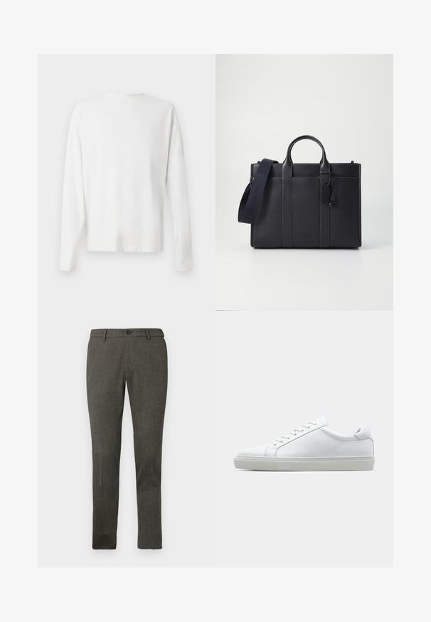 Bela bombažna srajca z dolgimi rokavi in okroglo ovratnikom, z bočnimi razporki na dnu in gladko teksturo, prikazana s hrbtne strani.; Moške temno sive hlače v slim fit kroju, z zankami za pas, sprednjim gumbom in subtilno teksturirano tkanino.; Bela športna obutev z gladkim usnjenim zgornjim delom in nizkim profilom. Ima zaokrožen nos, šest lukenj za vezalke in teksturiran gumijast podplat.; Temno mornarsko usnjeno aktovko z dvema zgoraj ročaji in odstranljivim trakom. Ima teksturirano površino, navpične šive in podrobnost z logotipom.