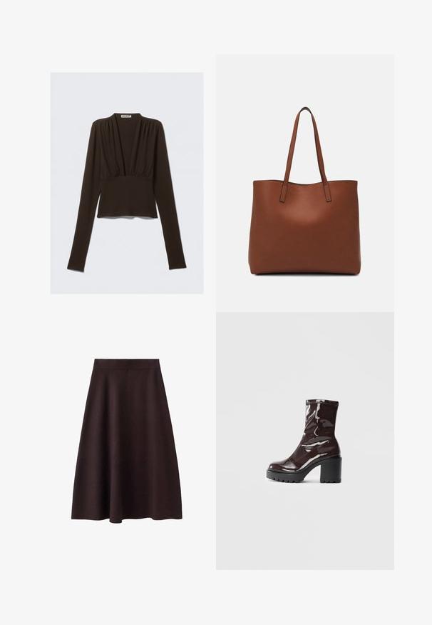Braunes Langarmshirt mit V-Ausschnitt, gerafften Details an den Schultern und tailliertem Schnitt. Hergestellt aus dehnbarem Stoff für Komfort.; Dunkelbrauner, knielanger A-Linien-Rock mit glatter Textur und einem enganliegenden Taillenbund. Keine sichtbaren Muster oder Verzierungen. Schlichtes Design.; Glatte bordeauxrote Ankle Boots mit einem klobigen schwarzen Absatz, die eine glatte Oberfläche und ein einfaches Design aufweisen. Keine sichtbaren Verschlüsse oder Muster.; Braune Leder-Tote mit glatter Textur, offenem Oberteil und zwei Schulterriemen. Verfügt über minimale Nähte und keine sichtbaren Beschläge.