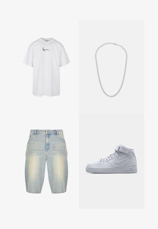 Valge puuvillane T-särk, millel on ümar kaelus ja lühikesed varrukad, ning keskel rinna kohal must tikitud logo.; Heledad sinine denim lühikesed püksid pleekinud pesuga, klassikalise viie taskuga disain, vööaasad ja sirge lõige.; Halluxi hallid hallid Nike Air Force 1 tossud, nahast pealisega, pehmendatud krae ja Velcro rihm. Ikooniline disain sisaldab perforatsiooniga varbakohta.; Hõbedane metallist kettkaelakee, millel on omavahel seotud lingid ja kindel tõmblukk, sile tekstuur, ühtlane viimistlus ja klassikaline disain.