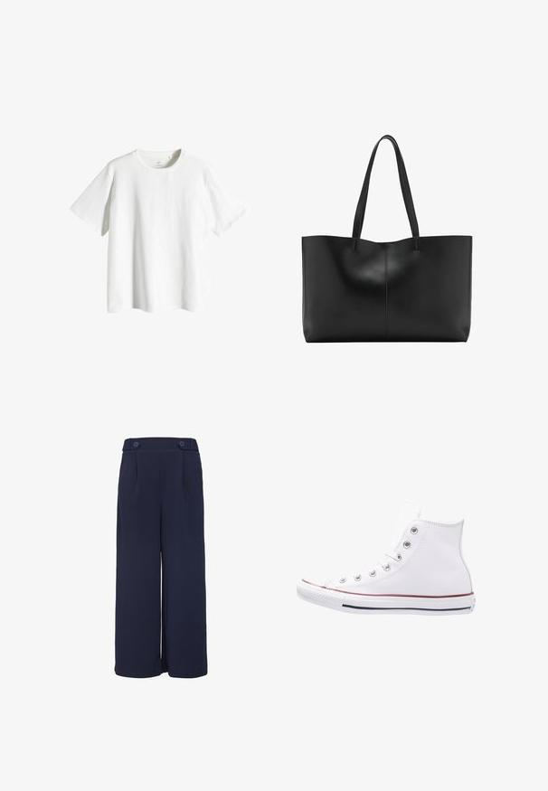 Witte katoenen t-shirt met een ronde hals, korte mouwen en een ontspannen pasvorm. Glad textuur, geen patronen of accenten.; Marine wijde broek, polyester mix, met een hoge tailleband met twee knopen, voorkant plooien en een gladde, gestructureerde afwerking.; Witte hoge sneakers van leer, met zilveren oogjes, een rubberen neuskap en een rode en marineblauwe streep op de zool.; Zwarte leren tote bag met twee lange handvatten, een strak ontwerp en subtiele stiksels langs de middennaad. Gladde textuur.