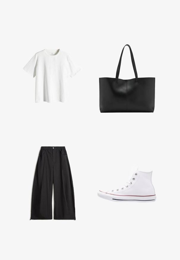 Biała bawełniana koszulka z okrągłym dekoltem, krótkimi rękawami i luźnym krojem. Gładka tekstura, bez wzorów lub akcentów.; Czarne spodnie o szerokich nogawkach z wysokim stanem, z plisami, z przodu zapinane na guzik oraz dwoma bocznymi kieszeniami. Wykonane z materiału o teksturowanym wykończeniu.; Białe sneakersy za kostkę zrobione z skóry, z metalowymi oczkami w kolorze srebrnym, gumowym noskiem oraz czerwono-granatowym paskiem na podeszwie.; Czarna skórzana torba tote z dwoma długimi uchwytami, elegancki design i subtelne detale przeszycia wzdłuż środkowej szwu. Gładka tekstura.