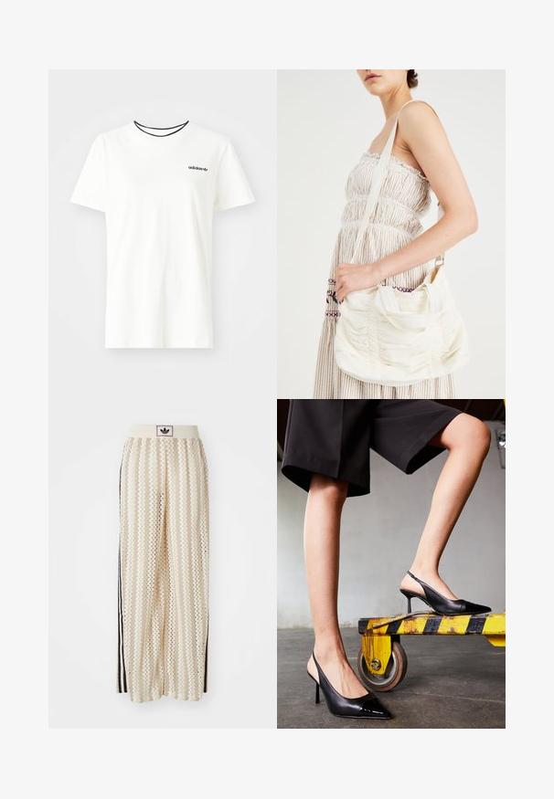 Tricou alb din bumbac cu mâneci scurte și guler rotund. Prezentă un logo Adidas negru pe piept și un guler interior contrastant de culoare neagră.; Pantaloni largi de culoare crem, cu un model în zigzag, având un brâu cu logo negru și dungi laterale negre. Material ușor, texturat.; Sandale negre cu toc slingback, cu vârful ascuțit, având un capac din patent lucios. Toc stiletto, design din piele netedă și o siluetă minimalistică.; Geantă de umăr din țesătură albă, cu textură gathered, curea ajustabilă și accesorii din argint. Afișată alături de o rochie de culoare crem.