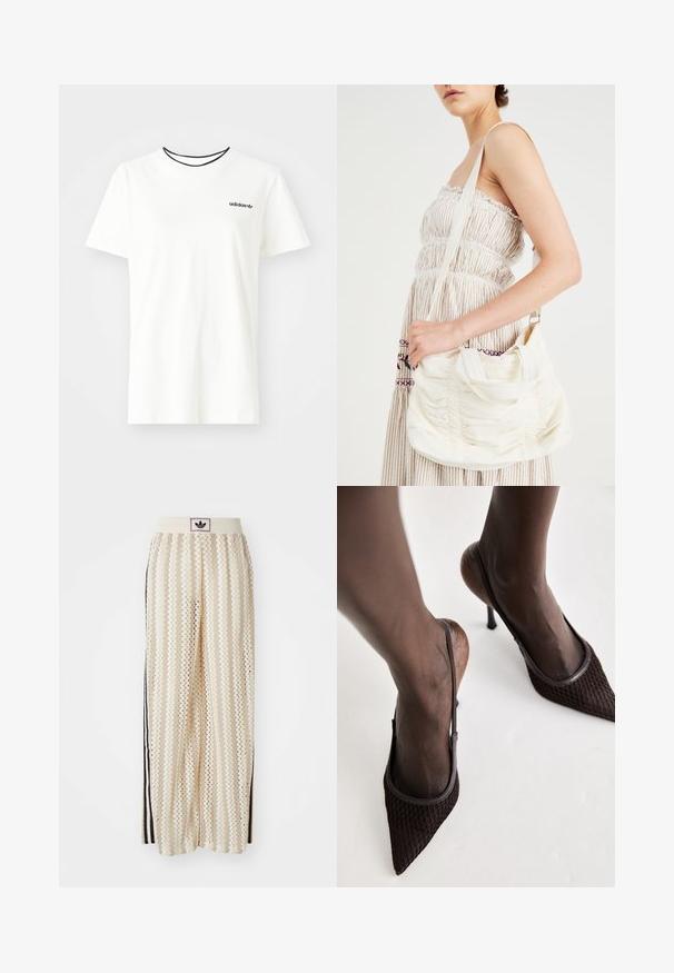 Valge puuvillasest t-särgist lühikeste varrukatega ja ümarate kaelustega. Rinnal on must Adidas'i logo ning kontrastne must sisekaelus.; Kreemivärvilised lai säärega püksid, millel on siksakmustrit, must logoga vööp ja külgmised mustad triibud. Kerge, tekstureeritud kangas.; Pruunid terava ninaga kontsad, millel on tekstuuriga võrkkangas, sõrme tagant avatud disain ja õhuke stilettokonts, neutraalse tausta ees.; Valge kangast õlakott, millel on kogutud tekstuur, reguleeritav rihm ja hõbedased detailid. Kuvatud kreemivärvilise kleidi kõrval.