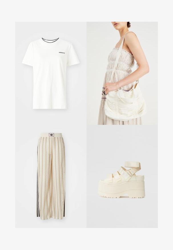 Bijela pamučna majica kratkih rukava s okruglim izrezom. Ima crni Adidas logo na prsima i kontrastnu crnu unutrašnju ovratniku.; Pantalone širokog kroja krem boje s zigzag uzorkom, koji sadrži sivi pojas s crnim logotipom i bočne crne pruge. Lagani, teksturirani materijal.; UGG GOLDENRISE - Sandale s platformom - jasmine; Bijela platnena torba s naramenicom, nabranom teksturom, podesivom trakom i srebrnim hardverom. Prikazana uz krem haljinu.