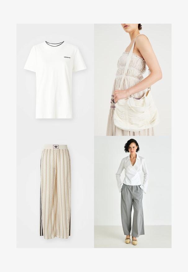 Hvit bomull t-skjorte med korte ermer og rund hals. Har en svart Adidas-logo på brystet og en kontrasterende svart indre krage.; Kremfargede bukser med brede ben og zigzag-mønster, med en svart logo-linning og svarte striper på siden. Lett, teksturert stoff.; Hvit omslagbluse med krage, kombinert med grå stripete vide bukser og beige plattformsko. Glatt stoff og avslappet passform.; Hvit stoff skulderveske med samlet tekstur, justerbar stropp og sølvfarget hardware. Vist sammen med en kremfarget kjole.