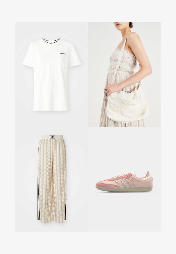 Camiseta de algodón blanca con manga corta y escote redondo. Presenta un logo negro de Adidas en el pecho y un cuello interior negro en contraste.; Pantalones de pierna ancha en color crema con un patrón en zigzag, que cuentan con una cinturilla con logo negro y franjas negras en los laterales. Tejido ligero y texturizado.; adidas Originals SAMBA OG - Zapatillas - quartz/off white/mauve; Bolso de hombro de tela blanca con textura fruncida, correa ajustable y herrajes plateados. Presentado junto a un vestido color crema.