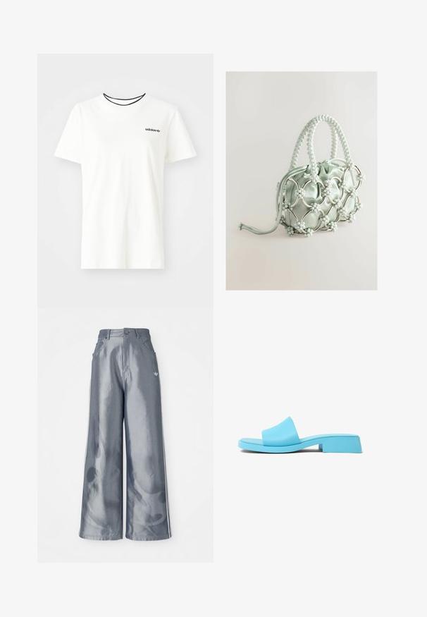 Balta medvilnė marškinėliai su trumpomis rankovėmis ir apvalia iškirpte. Ant krūtinės yra juodas Adidas logotipas, o vidinė apykaklė yra kontrastinga juoda.; Plačios kelnės iš blizgaus pilko medžiagos, su baltomis šoninėmis juostelėmis ir liepsnos raštu apatinėje dalyje. Mygtuko ir užtrauktuko uždarymas juosmens srityje.; Mėlynos formuotos šlepetės su plačia juostele, plokščiu padu ir žemu bloku kulnu. Lygus, blizgus paviršius su minimalistišku dizainu.; Next Rankinė - blue