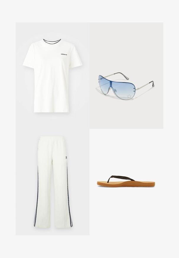 Valge puuvillasest t-särgist lühikeste varrukatega ja ümarate kaelustega. Rinnal on must Adidas'i logo ning kontrastne must sisekaelus.; Valge-kreemjas, soonikkoes püksid, millel on alt laienev lõige. Küljel on tumesinised triibud ja puusal Adidas logo. Elastne vöökoht.; Pruunist punutud rihmaga plätud pehme tallaga ja pruuni jalapadjaga, millel on ümar disain ja tekstureeritud kummist välistald haarduvuse tagamiseks.; Aviatori prillid, millel on gradient sinine objektiiv, hõbedane metallraam ja dekoratiivsed staaraktsendid objektiivil. Sujuv ja stiilne disain.