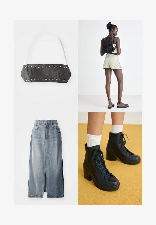 Bandeau din piele sintetică neagră cu ținte din metal argintiu pe marginea din față; prezintă bretele albe ajustabile. Textură netedă, formă structurată.; Fustă din denim de culoare albastru deschis, cu o deschidere frontală, două buzunare și detalii cu logo. Are talie înaltă și un design drept, fabricată dintr-un material durabil.; Tenisi negri tip high-top, cu finisaj texturat, design cu șireturi, capac de cauciuc pe vârf și toc gros, asortați cu ciorapi albi cu textură ribbed.; Rucsac negru cu sfoară, pantaloni scurți verde deschis, bluză bej și sandale negre cu curele. Modelul pozează din spate, pe un fundal deschis.