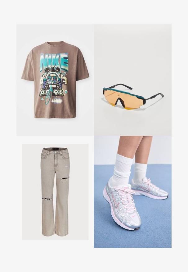Pruun puuvillane T-särk, millel on silmapaistev, värviline graafika boomboxi ja jalgratta motiiviga. Disain sisaldab suurt sinist sõna "NIKE".; Heled hallid teksad, mis on lõdva istuvusega, sisaldavad kulumise detaile, sealhulgas rebenemisi põlvede juures ja pleekinud tekstuuri. Sisaldab viit taskut ja vöölõike.; Nike jooksujalad, millel on hõbedane võrgupealne koos roosade detailidega, valged paelad ja tekstureeritud tald. Kandmine valgete puuvillaste spordisokkidega.; Sportlikud prillid, millel on nurgeline disain, must raamis, türkiissinine aktsent ja oranžikad objektiivid. Omab minimaalset kaunistust ja saledaid raame.
