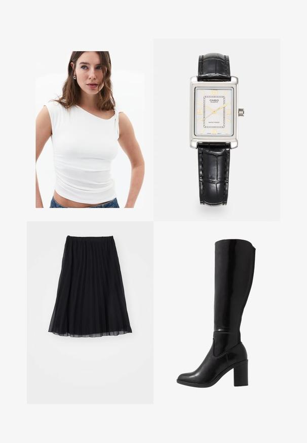 Bílý přiléhavý top s asymetrickým výstřihem a zkrouceným detailem na rameni. Hladká látka s mírným nařasením po straně.; Černá plisovaná sukně vyrobená z průsvitné látky, s elastickým pasem. Volný design sahá do poloviny lýtek a vystavuje vertikální záhyby.; Černé lesklé vysoké kozačky na podpatku do poloviny lýtek s kulatou špičkou, hladkým povrchem, bočním výřezem a robustním sloupkovým podpatkem.; Kvádratová quartzová hodinky Casio se stříbrnou cifernı́kem, zlatými akcenty a černým koženým remenkem s embosovaným krokodýlím vzorem, zahrnující voděodolné vlastnosti.