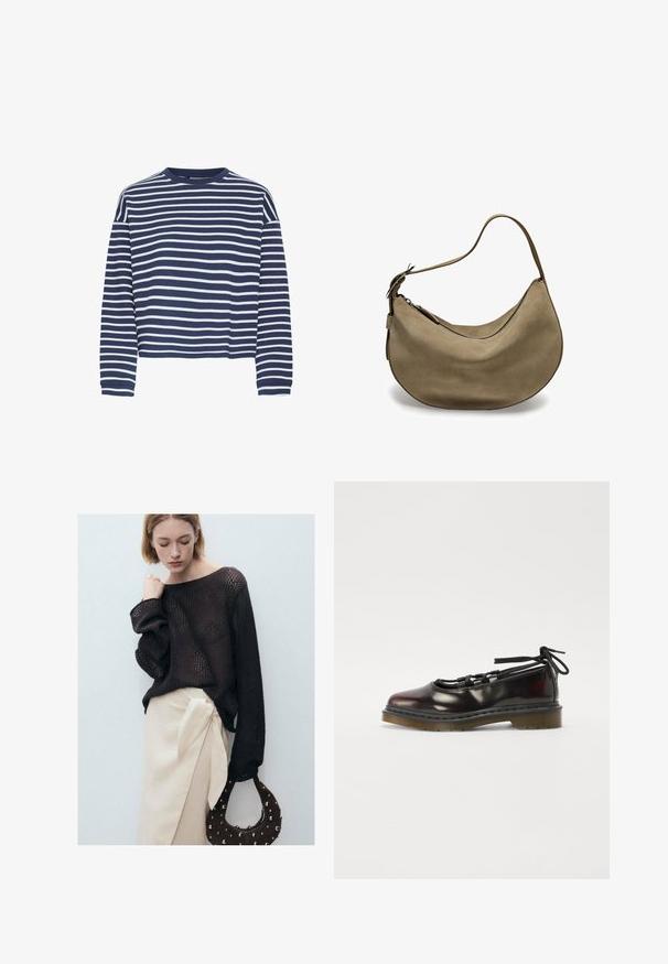 Haut à manches longues bleu marine avec des rayures horizontales blanches, encolure ronde et ourlet court. Le tissu semble doux avec une finition texturée.; Pull en laine marron avec des manches surdimensionnées, associé à une jupe portefeuille beige avec un lien sur le côté. Les accessoires comprennent un sac rond marron à clous.; Chaussure rouge foncé brillante avec un bout rond, un design à lacets, une semelle en caoutchouc et des lacets noirs, dotée de quincaillerie argentée et de bords cousus.; Sac hobo en suédine marron avec une forme incurvée, une bandoulière unique, une fermeture éclair et une texture lisse. Design simple avec des détails matériels minimaux.