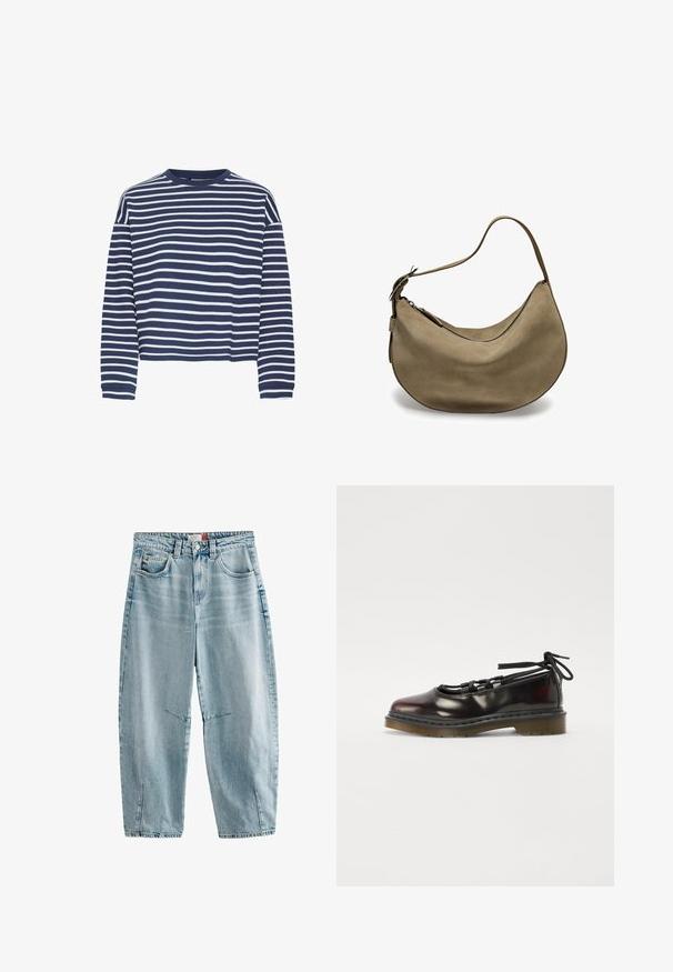 Donkerblauwe langwerpige top met witte horizontale strepen, ronde hals en cropped zoom. De stof lijkt zacht met een textuur afwerking.; Lichtblauwe spijkerbroek met hoge taille, relaxed fit, twee zijzakken, subtiele vervaging en zijsplitten aan de onderrand.; Glanzend donkerrode schoen met een afgeronde neus, vetersluiting, rubberen zool en zwarte veters, met zilverkleurige hardware en gestikte randen.; Bruine suède hobo tas met een gebogen vorm, enkele schouderband, ritsluiting en een gladde textuur. Eenvoudig ontwerp met minimale hardwaredetails.
