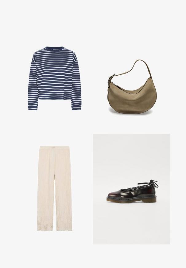 Donkerblauwe langwerpige top met witte horizontale strepen, ronde hals en cropped zoom. De stof lijkt zacht met een textuur afwerking.; Lichtbeige geplooide broek met een elastische tailleband, met een wijd uitlopende pasvorm en een zachte, gestructureerde stofafwerking.; Glanzend donkerrode schoen met een afgeronde neus, vetersluiting, rubberen zool en zwarte veters, met zilverkleurige hardware en gestikte randen.; Bruine suède hobo tas met een gebogen vorm, enkele schouderband, ritsluiting en een gladde textuur. Eenvoudig ontwerp met minimale hardwaredetails.