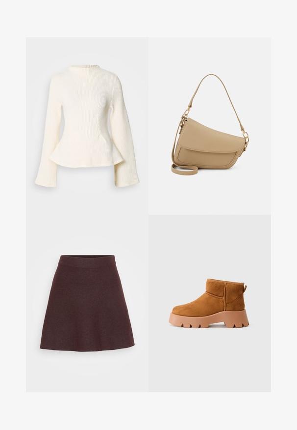Kreminė, šonkaityta megzta palaidinė su aukštu kaklu, ilgomis platėjančiomis rankovėmis ir peplumo sijonu. tekstūruotas audinys suteikia vizualaus intereso.; Burgundiškos spalvos mezginys sijonas, su plačiu juosmeniu, prasiskleidžiančiu dizainu ir glotnia tekstūra, bespalvis, be raštų ar akcentų.; Šviesiai rudos sukojos batus iki kulkšnies su apvaliu pirštu, tekstūruota ruda apačia ir užtrauktuku. Yra siuvinėta siūlė ir storas platformos dizainas.; Even&Odd Rankinė - beige